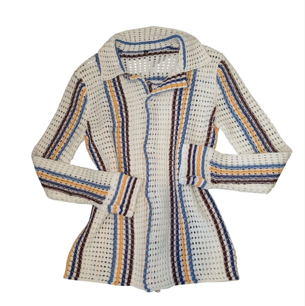 Men's Multicolor Striped Knit Crochet Cardigan Sweater Top Size Medium‎
